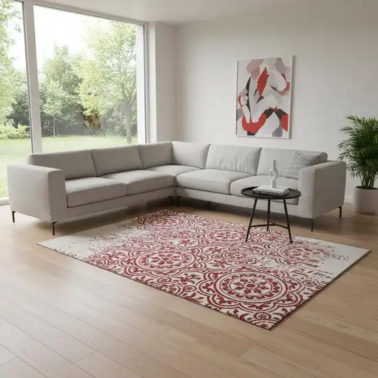 Red And Ivory Medallion Washable Area Rug With UV Protection Photo 2