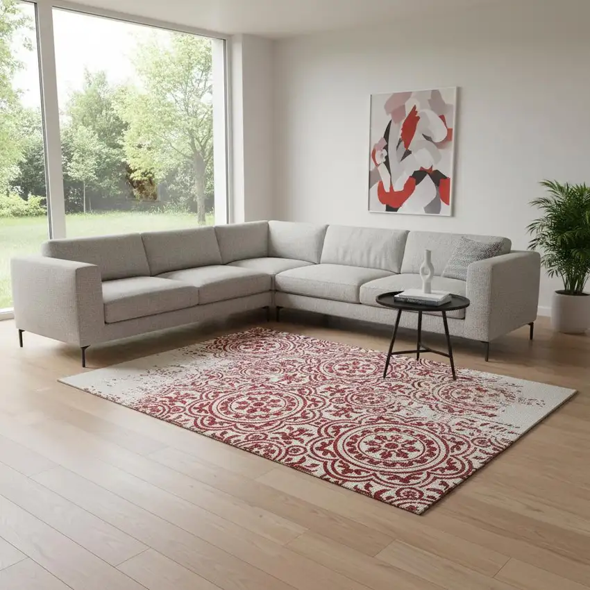 Red And Ivory Medallion Washable Area Rug With UV Protection Photo 2