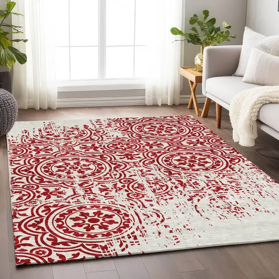 Red And Ivory Medallion Washable Area Rug With UV Protection Photo 5