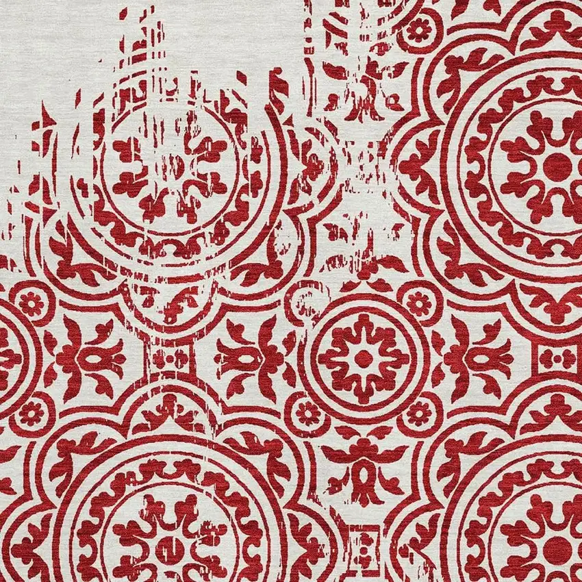 Red And Ivory Medallion Washable Area Rug With UV Protection Photo 3