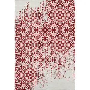 Photo of Red And Ivory Medallion Washable Area Rug With UV Protection