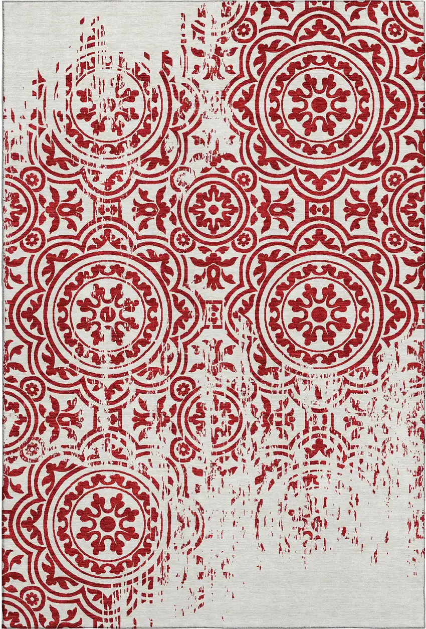 Red And Ivory Medallion Washable Area Rug With UV Protection Photo 1