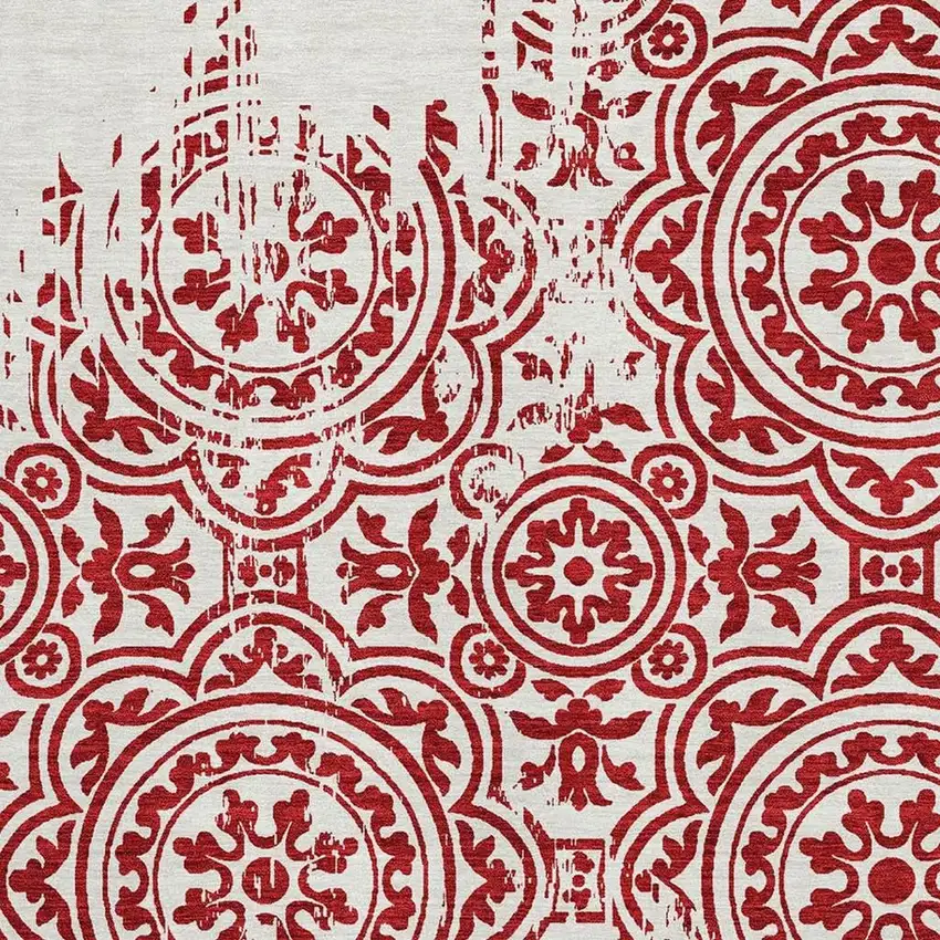 Red And Ivory Medallion Washable Area Rug With UV Protection Photo 3