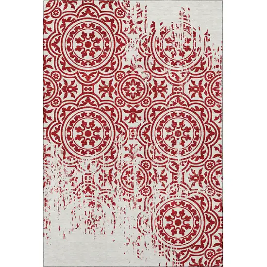 Red And Ivory Medallion Washable Area Rug With UV Protection Photo 4