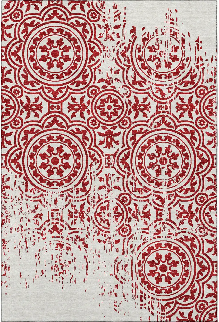 Red And Ivory Medallion Washable Area Rug With UV Protection Photo 4