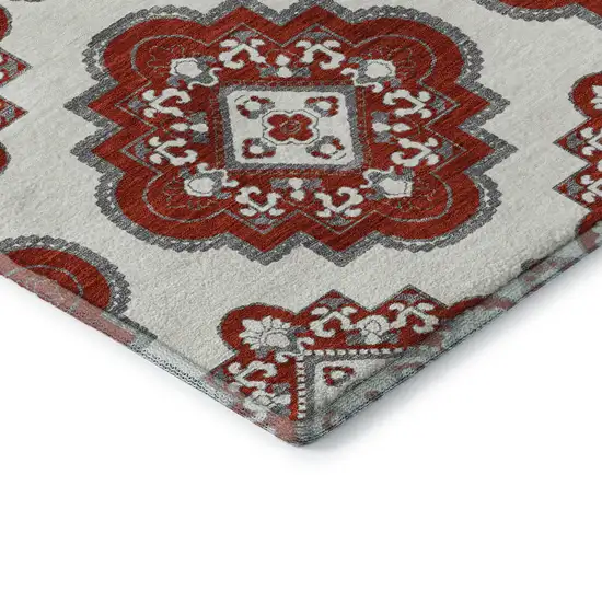 Red And Ivory Medallion Washable Area Rug With UV Protection Photo 8