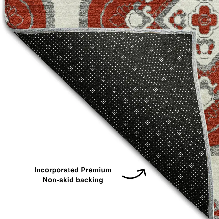 Red And Ivory Medallion Washable Area Rug With UV Protection Photo 7