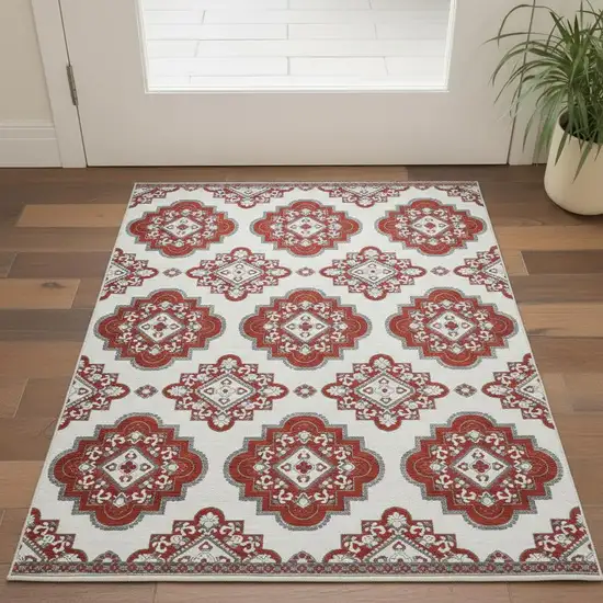 Red And Ivory Medallion Washable Area Rug With UV Protection Photo 2