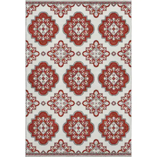 Red And Ivory Medallion Washable Area Rug With UV Protection Photo 1