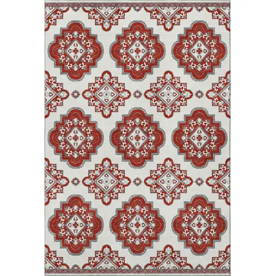 Red And Ivory Medallion Washable Area Rug With UV Protection Photo 4