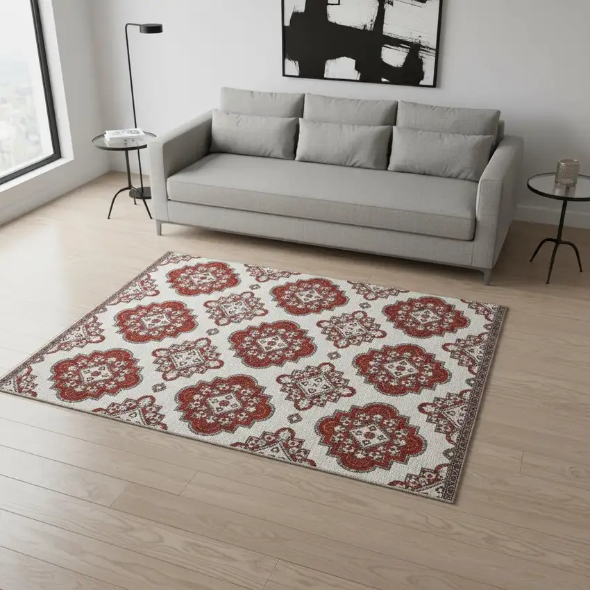 Red And Ivory Medallion Washable Area Rug With UV Protection Photo 2
