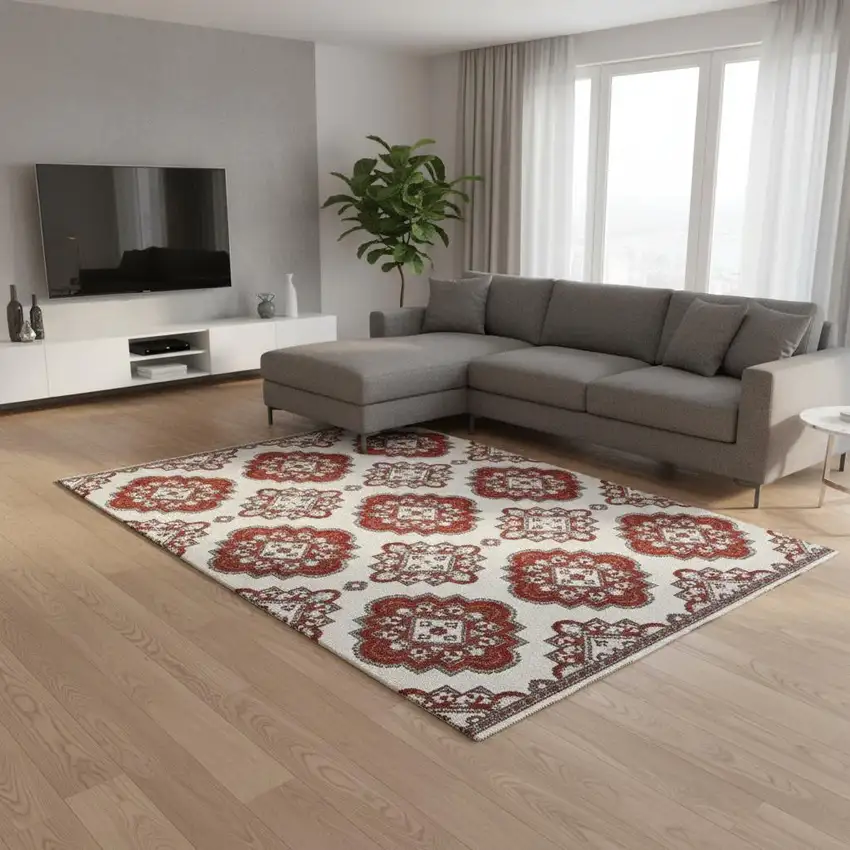 Red And Ivory Medallion Washable Area Rug With UV Protection Photo 2