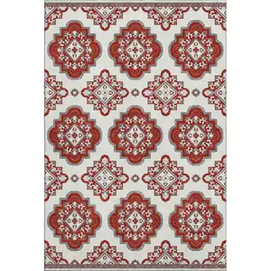 Photo of Red And Ivory Medallion Washable Area Rug With UV Protection