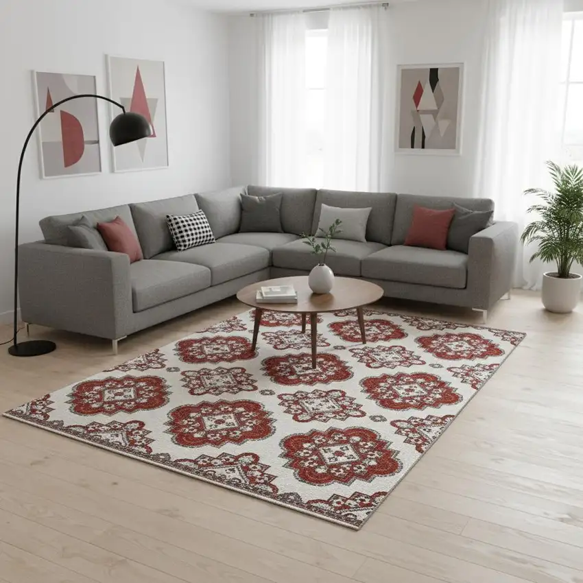 Red And Ivory Medallion Washable Area Rug With UV Protection Photo 2