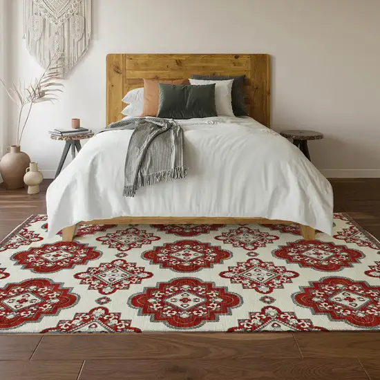 Red And Ivory Medallion Washable Area Rug With UV Protection Photo 6