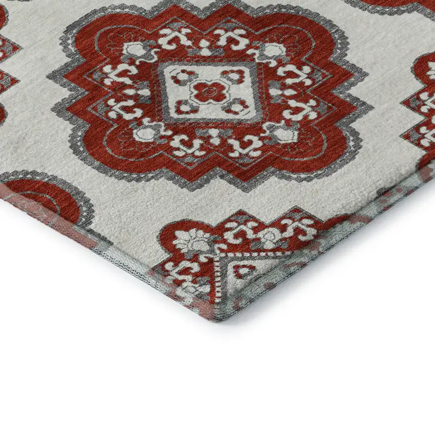 Red And Ivory Medallion Washable Area Rug With UV Protection Photo 8