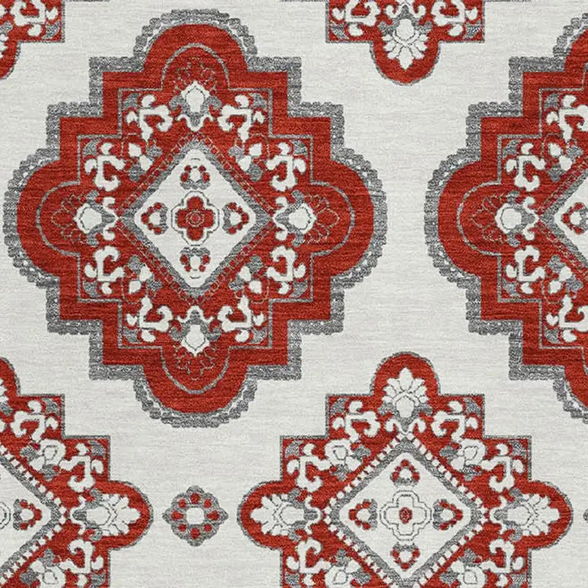 Red And Ivory Medallion Washable Area Rug With UV Protection Photo 4