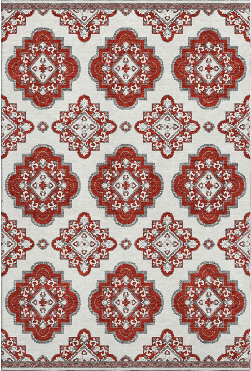 Red And Ivory Medallion Washable Area Rug With UV Protection Photo 1
