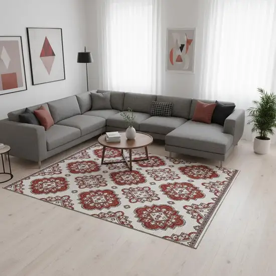 Red And Ivory Medallion Washable Area Rug With UV Protection Photo 2