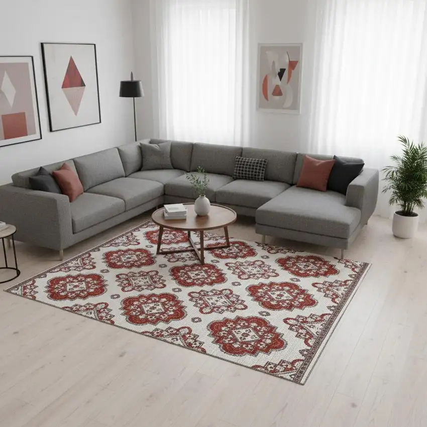 Red And Ivory Medallion Washable Area Rug With UV Protection Photo 2