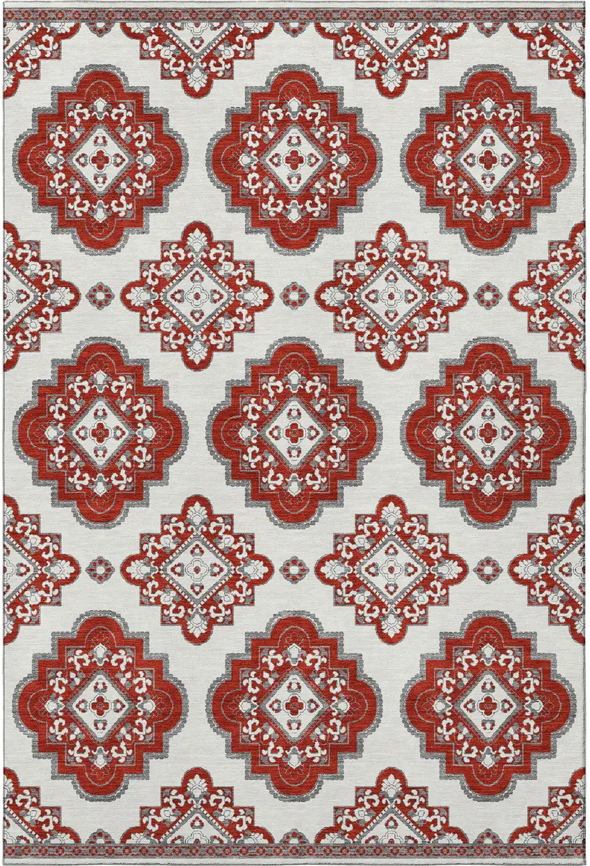 Red And Ivory Medallion Washable Area Rug With UV Protection Photo 4