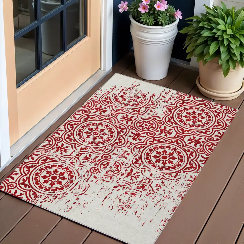 Red And Ivory Medallion Washable Indoor Outdoor Area Rug Photo 1