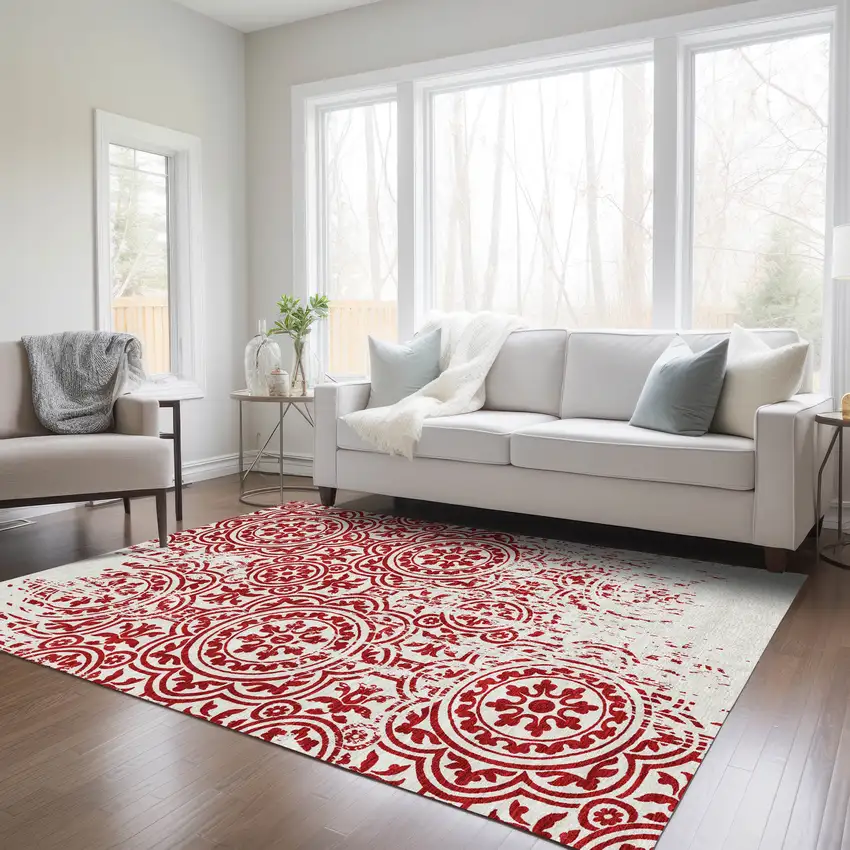 Red And Ivory Medallion Washable Indoor Outdoor Area Rug Photo 9