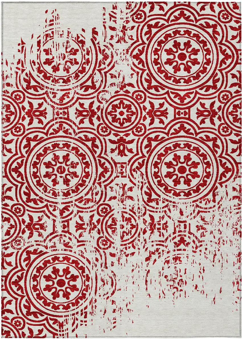 Red And Ivory Medallion Washable Indoor Outdoor Area Rug Photo 2
