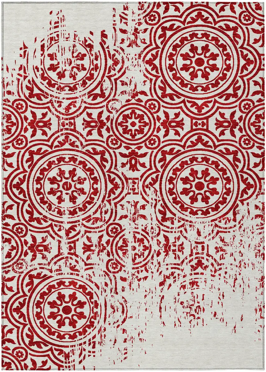 Red And Ivory Medallion Washable Indoor Outdoor Area Rug Photo 2