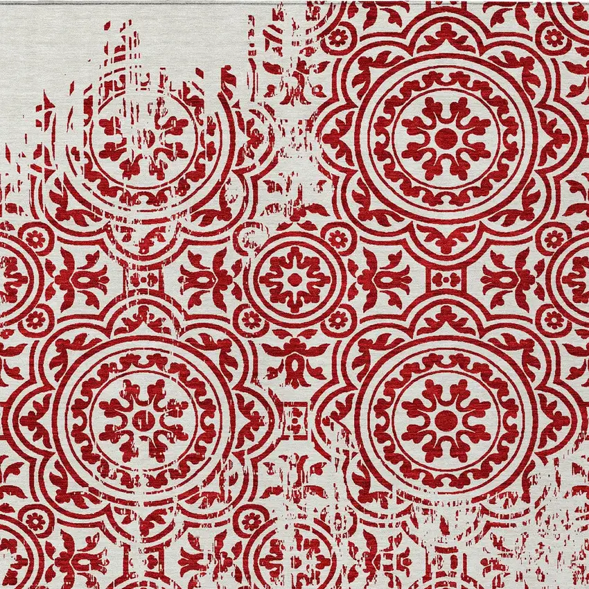Red And Ivory Medallion Washable Indoor Outdoor Area Rug Photo 6