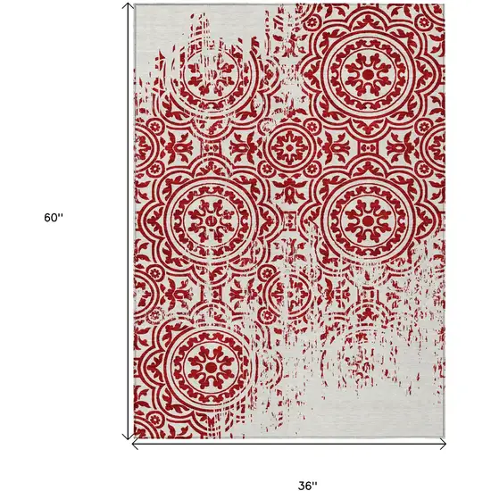 Red And Ivory Medallion Washable Indoor Outdoor Area Rug Photo 7