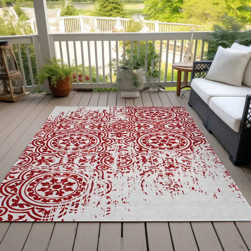 Red And Ivory Medallion Washable Indoor Outdoor Area Rug Photo 7