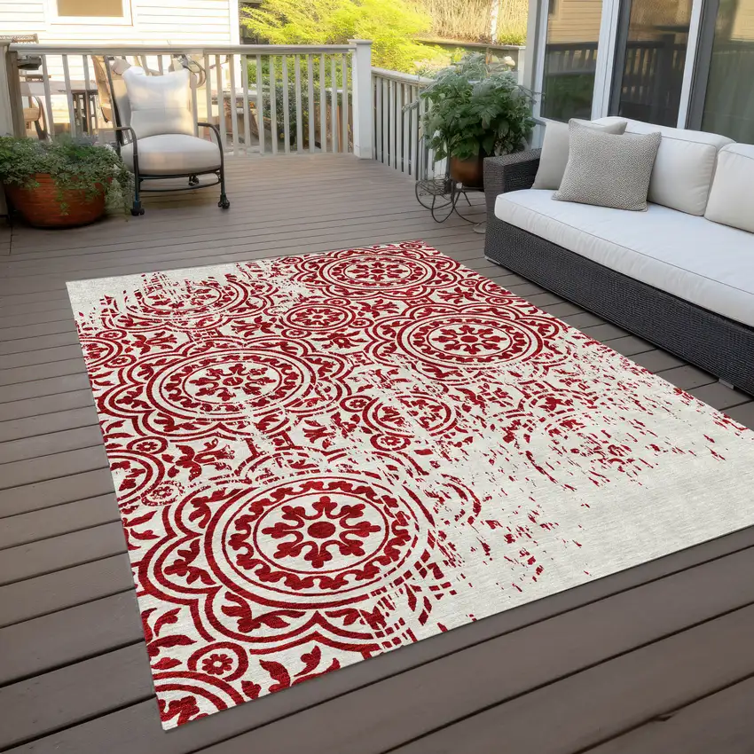 Red And Ivory Medallion Washable Indoor Outdoor Area Rug Photo 9