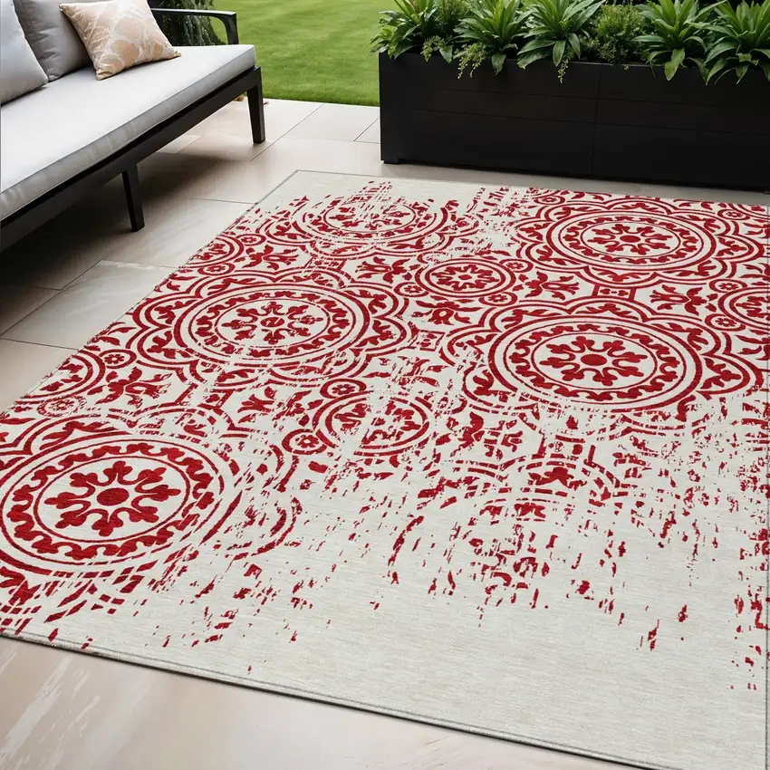 Red And Ivory Medallion Washable Indoor Outdoor Area Rug Photo 1