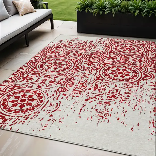 Red And Ivory Medallion Washable Indoor Outdoor Area Rug Photo 1