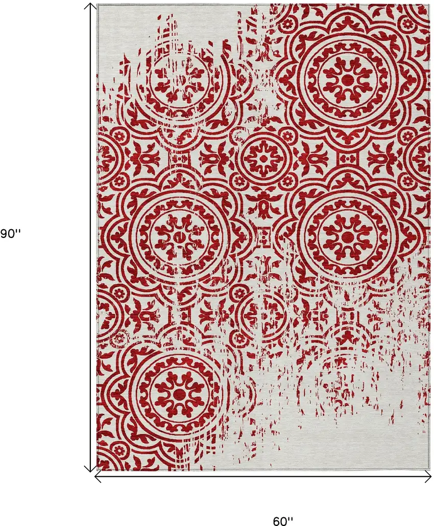 Red And Ivory Medallion Washable Indoor Outdoor Area Rug Photo 3