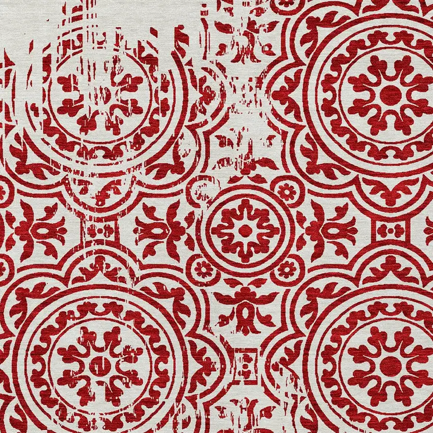 Red And Ivory Medallion Washable Indoor Outdoor Area Rug Photo 4