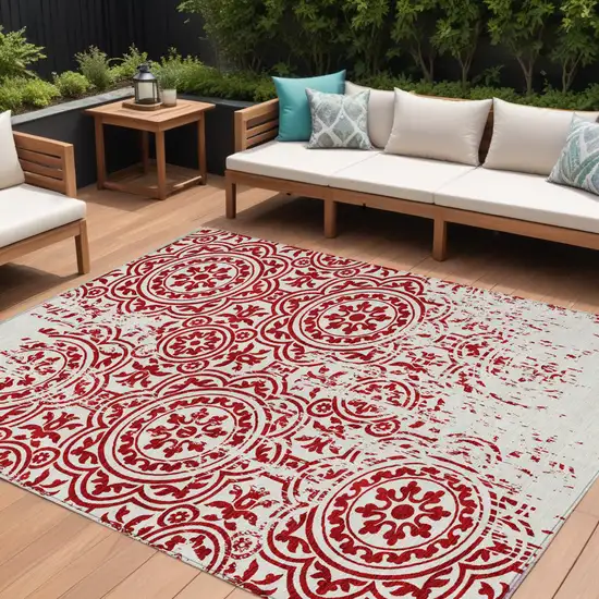 Red And Ivory Medallion Washable Indoor Outdoor Area Rug Photo 1