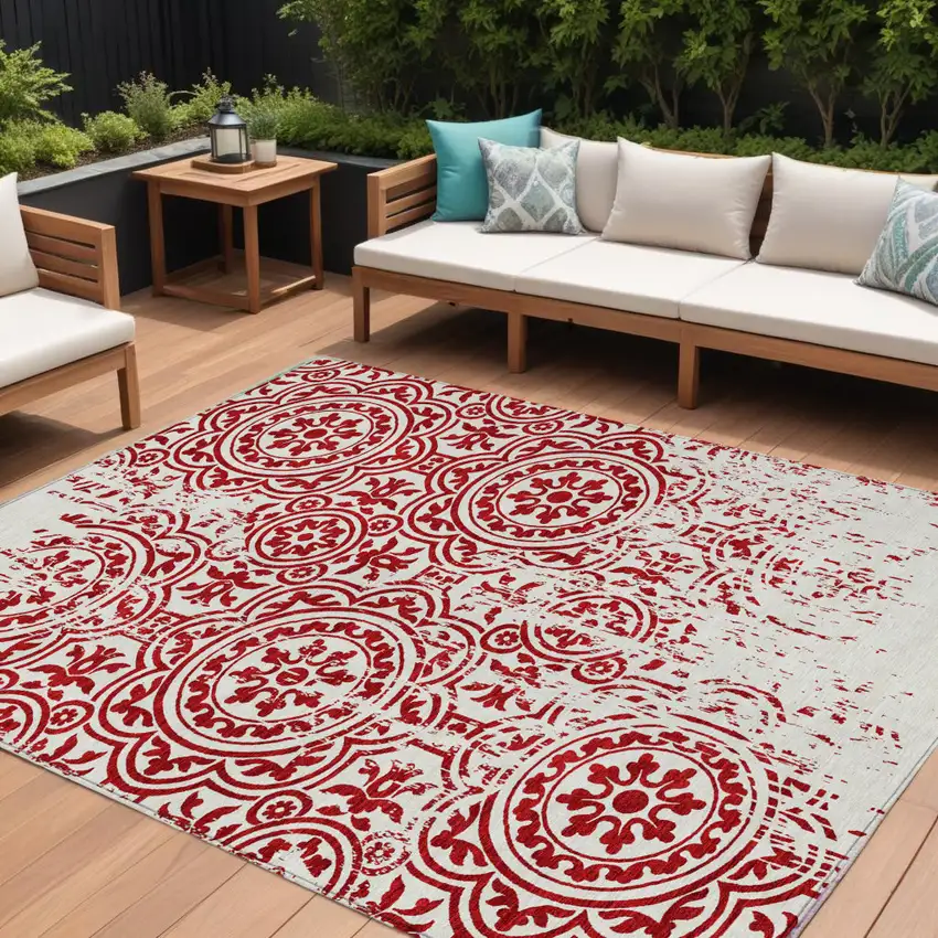 Red And Ivory Medallion Washable Indoor Outdoor Area Rug Photo 1