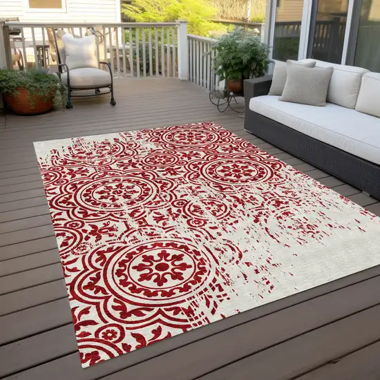 Red And Ivory Medallion Washable Indoor Outdoor Area Rug Photo 9