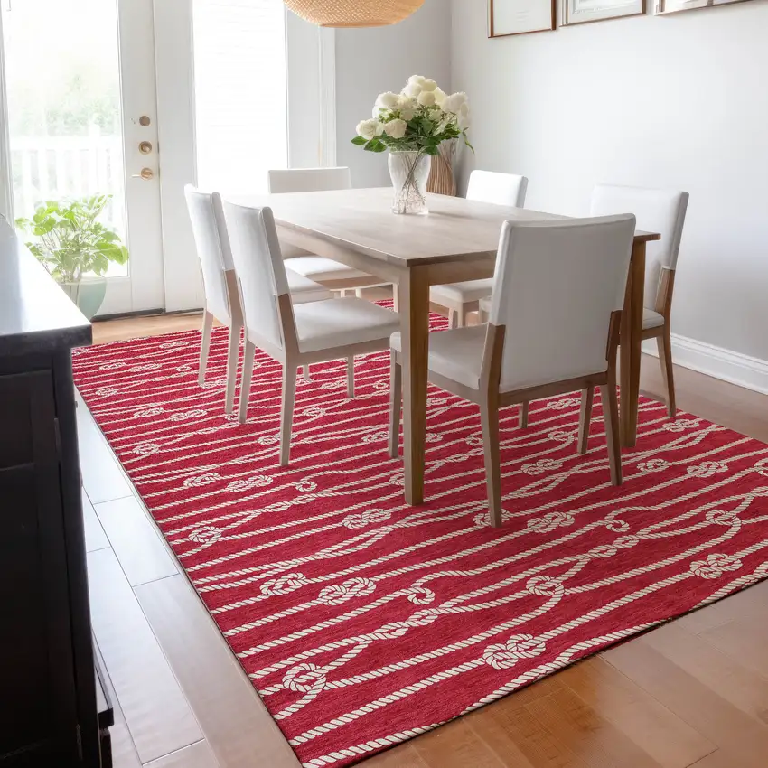 Red And Ivory Nautical Washable Area Rug With UV Protection Photo 5