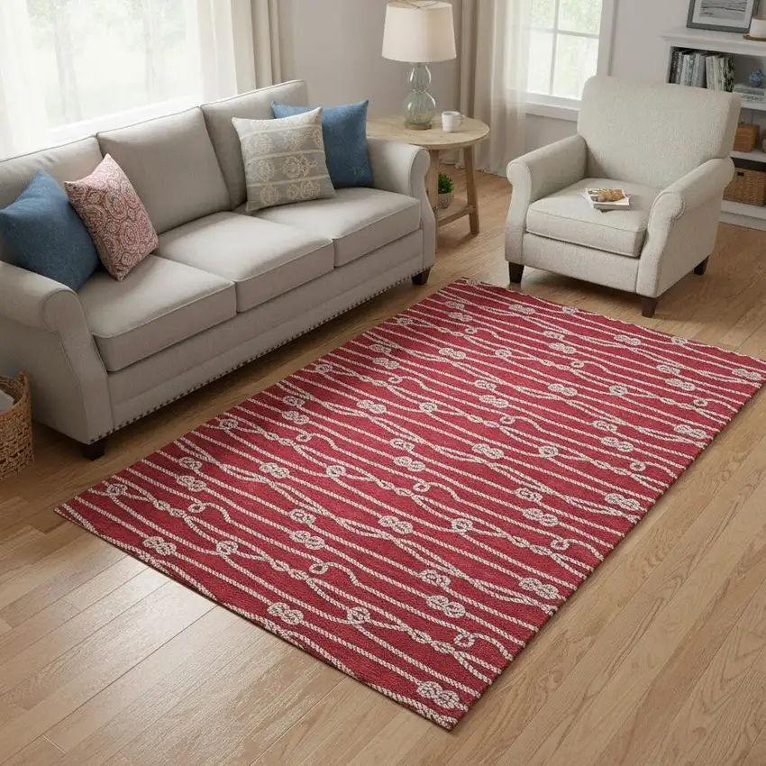 Red And Ivory Nautical Washable Area Rug With UV Protection Photo 1