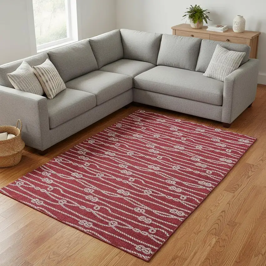 Red And Ivory Nautical Washable Area Rug With UV Protection Photo 1