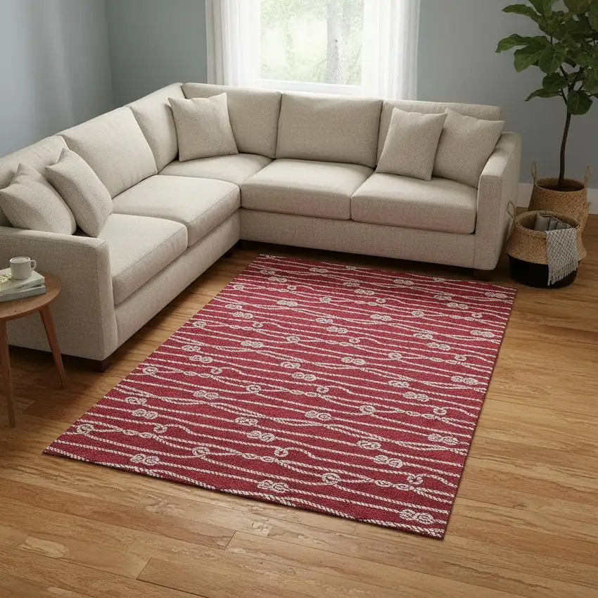 Red And Ivory Nautical Washable Area Rug With UV Protection Photo 1