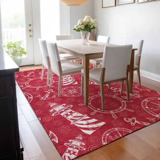 Red And Ivory Nautical Washable Area Rug With UV Protection Photo 7