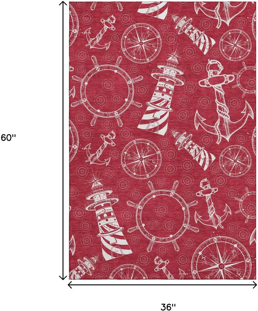 Red And Ivory Nautical Washable Area Rug With UV Protection Photo 3