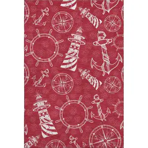 Photo of Red And Ivory Nautical Washable Area Rug With UV Protection