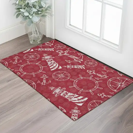 Red And Ivory Nautical Washable Area Rug With UV Protection Photo 1