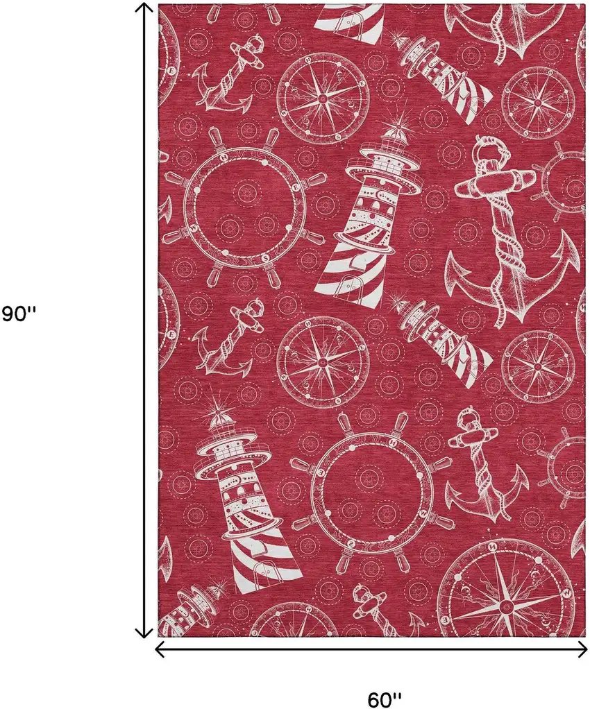 Red And Ivory Nautical Washable Area Rug With UV Protection Photo 3