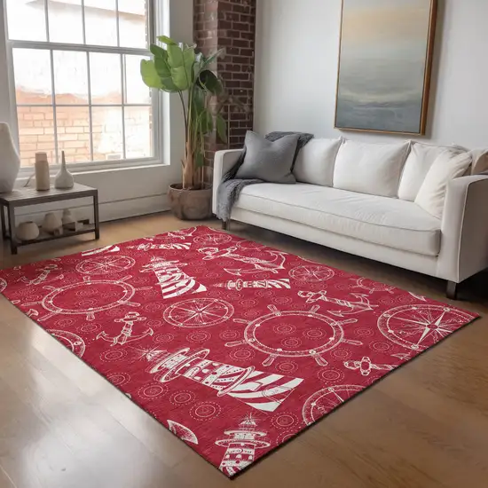 Red And Ivory Nautical Washable Area Rug With UV Protection Photo 6